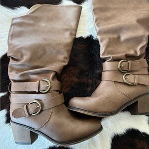 Brown Buckle Knee-High Women's Boots